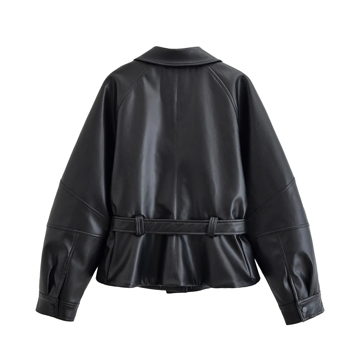 Faux Leather Trench Coat - Women's Black Belted Lapel Jacket With Zipper Closure