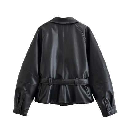 Faux Leather Trench Coat - Women's Black Belted Lapel Jacket With Zipper Closure