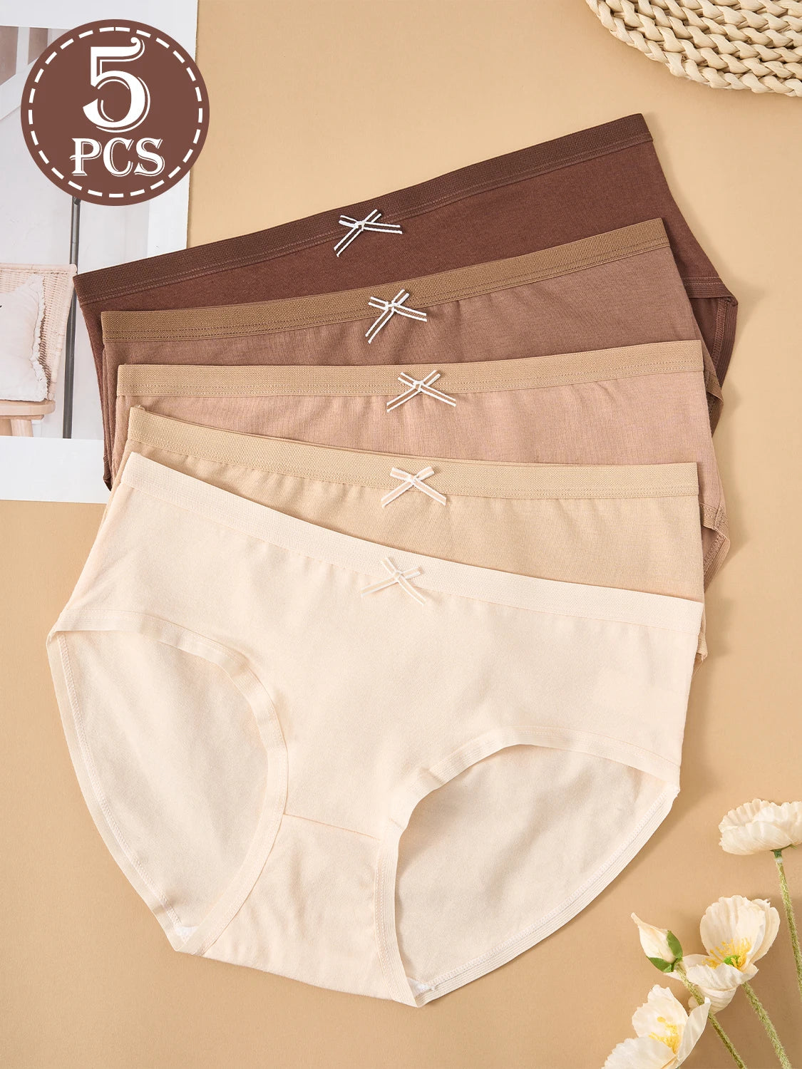 5PCS Maillard Color Pure Cotton Women's Underwear Solid Color Comfortable Panties Girls Low-Rise Briefs Casual Daily Wear