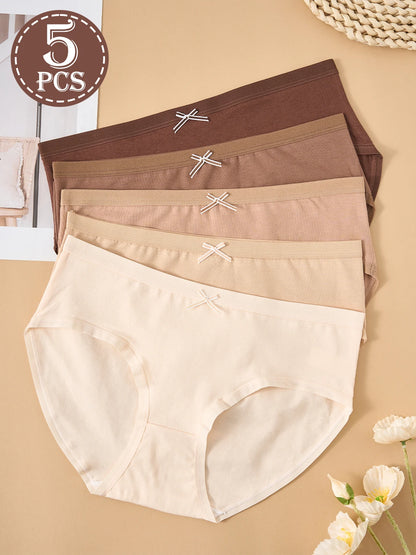 5PCS Maillard Color Pure Cotton Women's Underwear Solid Color Comfortable Panties Girls Low-Rise Briefs Casual Daily Wear