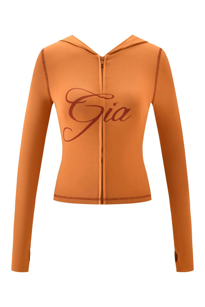 Gia neon pink regular shoulder slim-fit letter print topstitching design slim-fit hooded zip-up short jacket and pants set