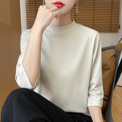 Cotton Cropped T-Shirt - Women's Semi-High Neck Loose Fit Three Quarter Sleeve Top