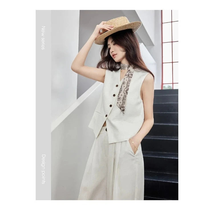 SENTUBILA Office 2 Piece Pant Set 2026 Women Linen Blend Summer Suit V Neck Waistcoat Wide Leg Baggy Pant Print Scarf 162ZA5663Z