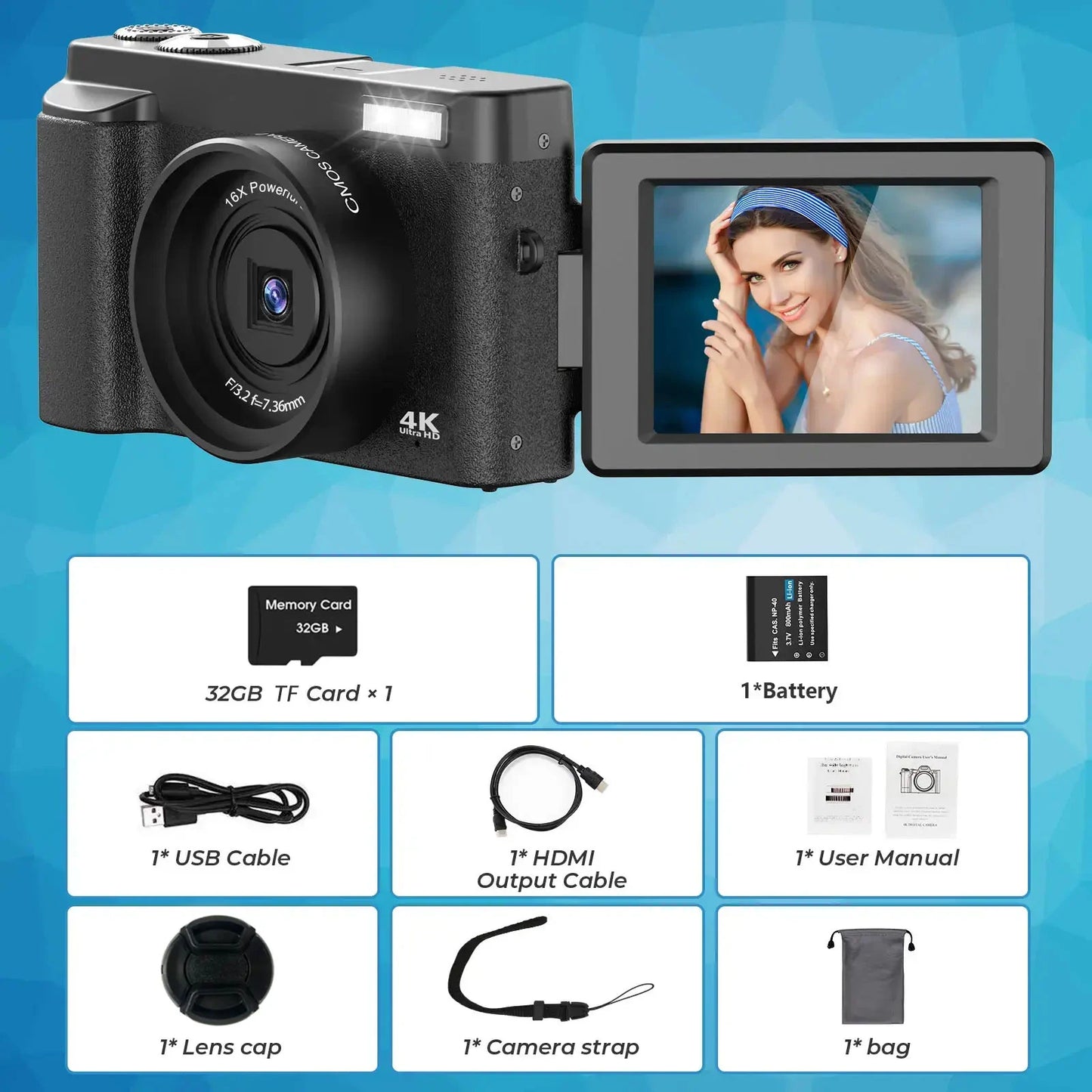 4K Digital Camera - 48MP Compact Flip Screen Camera With Autofocus & Pause Recording