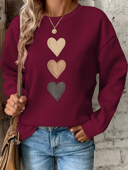 Women's Casual Heart Print Pullover Sweatshirt Geometric Design Long Sleeve Round Neck Machine Washable Regular Fit for Autum