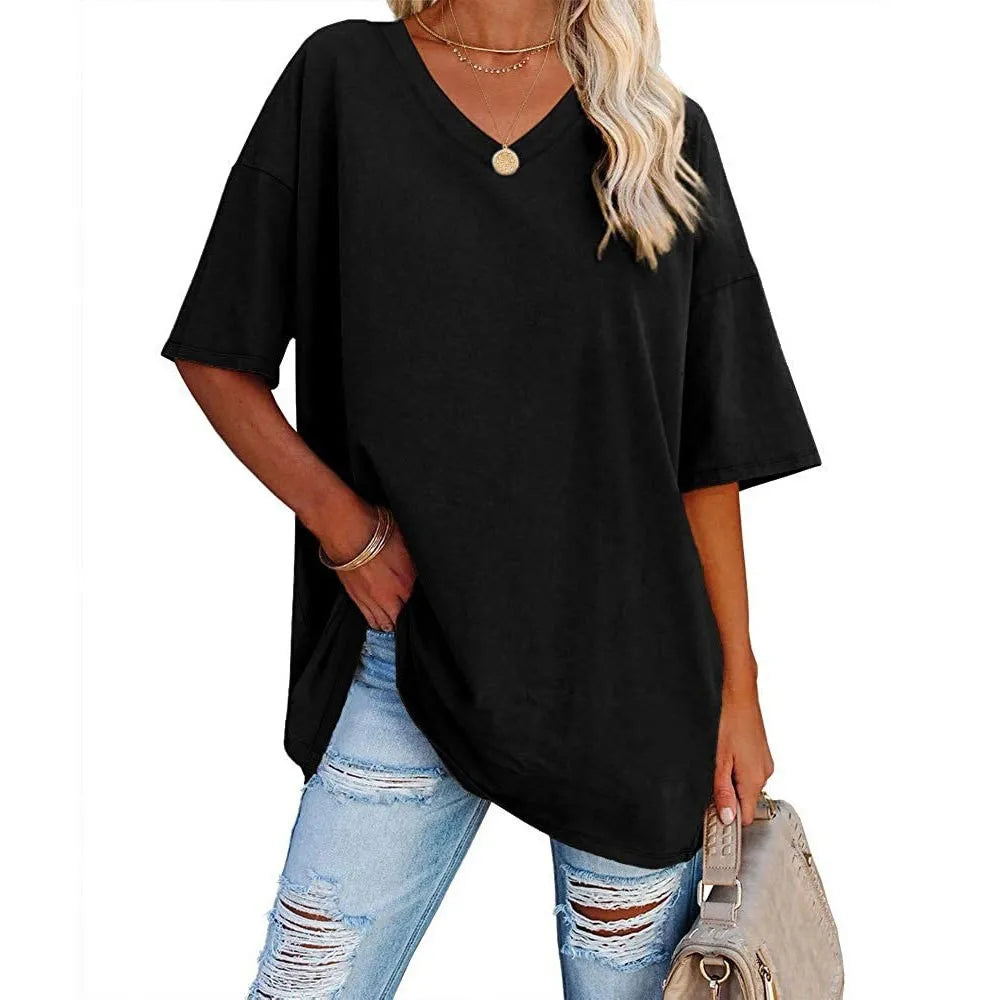Women's Short Sleeve T Shirt - Cotton Broadcloth Polyester Fabric Top, Loose Fit Tee