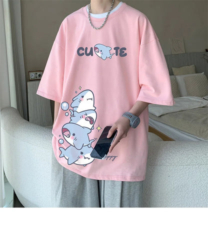 Men's Cotton T-shirts White Men Oversized T Shirt Anime Shark Print Summer Casual Wear 5XL Tee Shirts Big Size Male Clothes