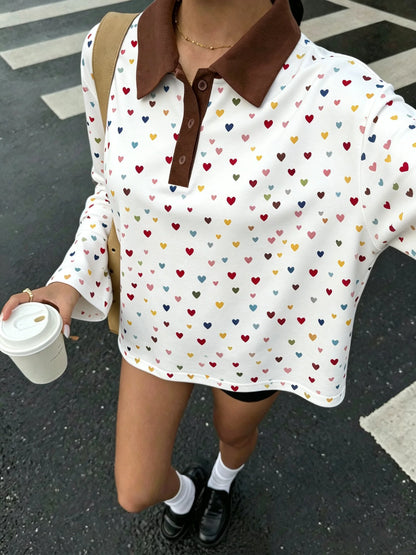 Women's Autumn Casual Lapel Button Color Block Geometric Pattern Long Sleeve Hoodie Top for Daily Travel