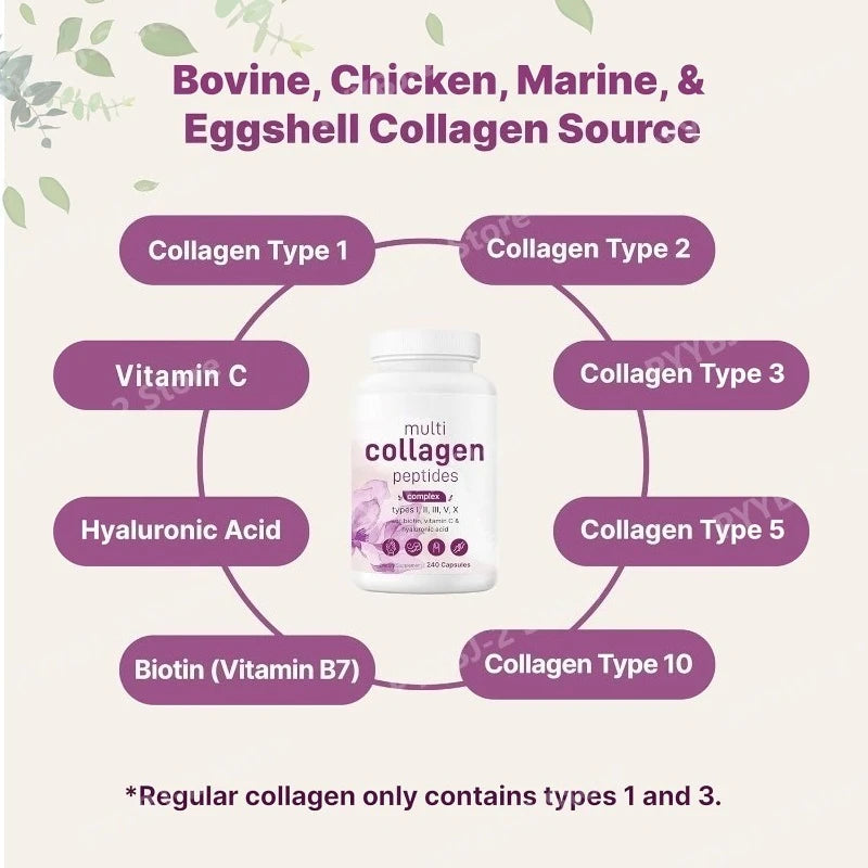 Multi Collagen Pills 240 Capsules | Type I II III V X | Hydrolyzed Protein Peptides with Biotin Hyaluronic Acid & Vitamin C