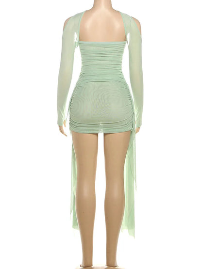 kliou Mesh Simple Women Mini Dress Fashion Solid Strapless Ribbons Tassel Body-shaping Vestidos+Seperately Full Sleeve Gloves