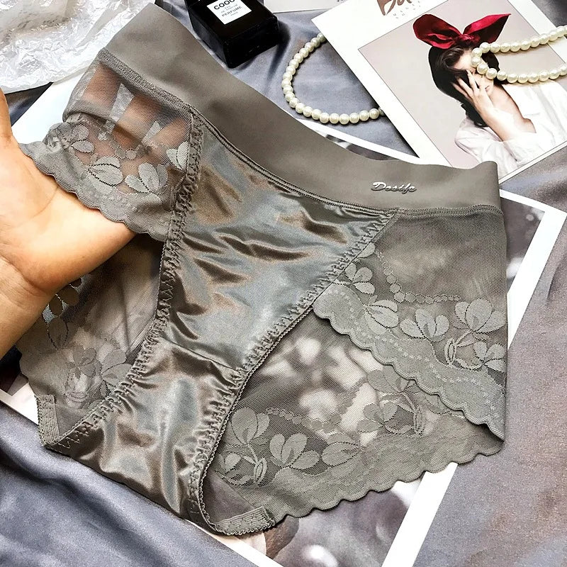 Women Luxury Satin panties Tummly control summer Sexy Lace briefs High waist Plus size Cotton crotch Breathable Underpants Linge