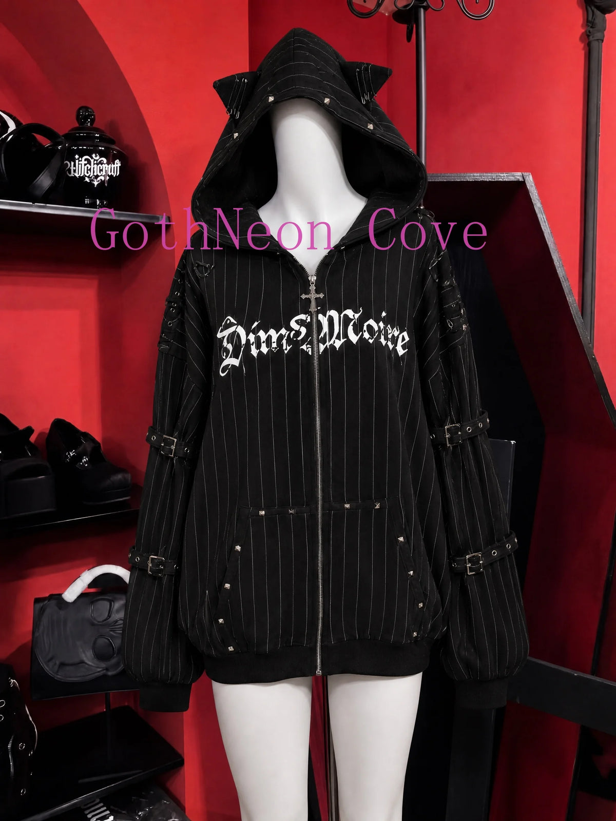 Autumn American Vintage Y2K Punk Coat Women Zipper Striped Loose Cat Ear Hoodie Subculture Heavy Craft Street Style Sweatshirt