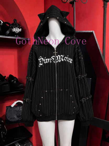 Autumn American Vintage Y2K Punk Coat Women Zipper Striped Loose Cat Ear Hoodie Subculture Heavy Craft Street Style Sweatshirt