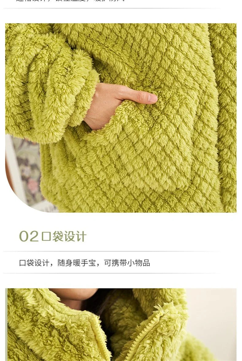 Autumn Winter Women's Sleepwear Flannel Pajamas Set Thick Fleece Nightwear Sets Warm Home Suits Hoodie Plus Pants