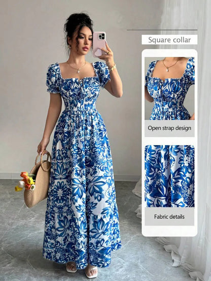 Women's Floral Dress - Blue Bubble Sleeve Ankle Length Casual Vacation Dress