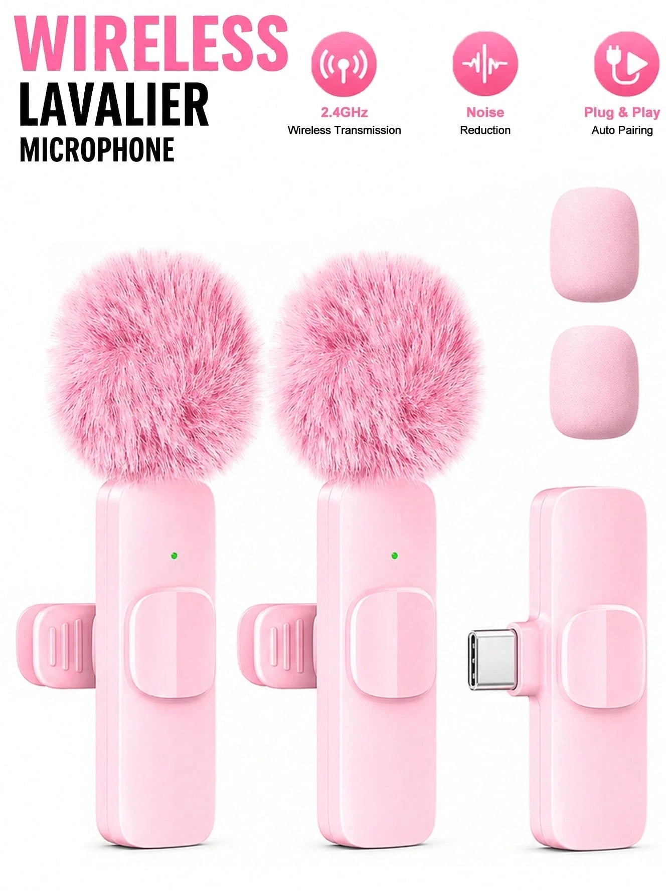 Cute Pink Wireless Lavalier Microphone For IOS & Android Mini Clip-On Microphone With Noise Reduction Plug & Play Portable Mic For Vlog Video Recording & Live Streaming
