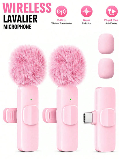 Cute Pink Wireless Lavalier Microphone For IOS & Android Mini Clip-On Microphone With Noise Reduction Plug & Play Portable Mic For Vlog Video Recording & Live Streaming