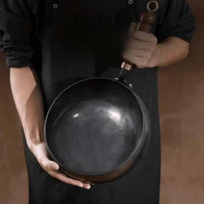 Nonstick Iron Wok with Wood Handle - Gas Stir Fry Pan for Home and Camping