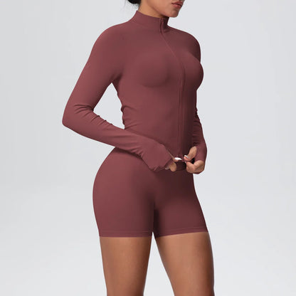 Women Gym Set - Seamless Yoga Suit With Zip Shirt & Cycling Shorts Activewear