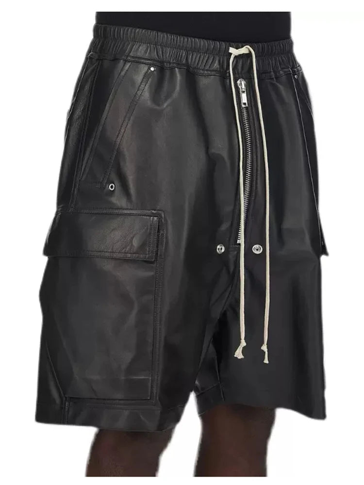 Mauroicardi Summer Cool Handsome Casual Soft Black Pu Leather Straight Shorts for Men Elastic Waist Drawstring Clothes 2023
