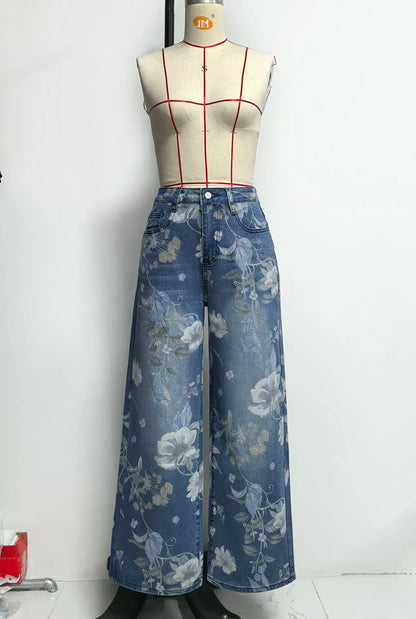 New for 2026: Women's Blue High-waisted Stretch Jeans, Vintage-style Loose-fit Wide-leg Denim Pants with A Floral Print.