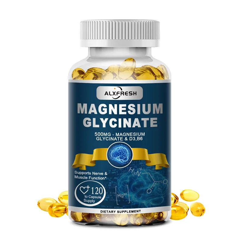 Alxfresh Magnesium Glycinate 500mg Capsule Zinc Vitamin D3 B6 for Muscle, Joint, Nerve Sleep Quality, Anxiety Stress Mood Health