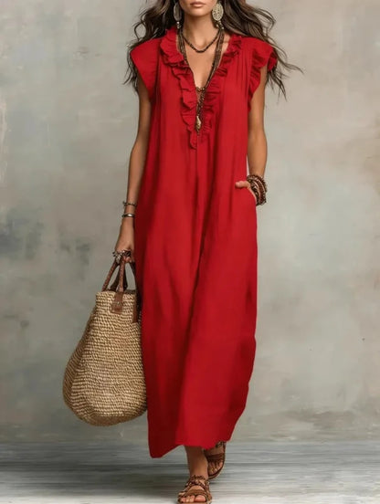 Women's Retro Bohemian Ruffle Linen Maxi Dress, Ruffle V-Neck Sleeveless Loose Summer Dress with Pockets, Summer Casual High-Waist Loose Beach Maxi Dress, Sunny Dress with Flutter Sleeves and Floor-Length Skirt
