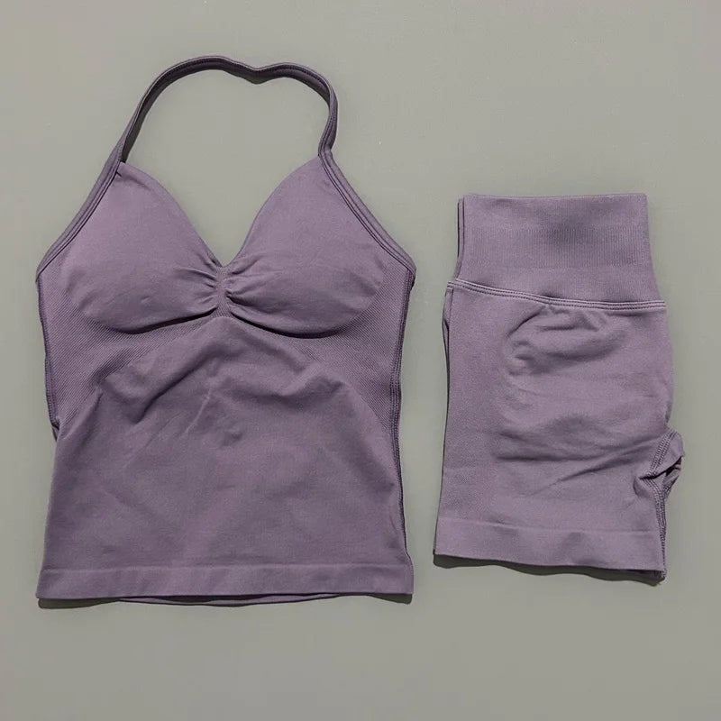 2Pcs HISTELLO Yoga Set Women Halter Tank Top Scrunch Butt Lifting Shorts Ruched Anti Chafe Quick Dry Gym Workout Sports Set