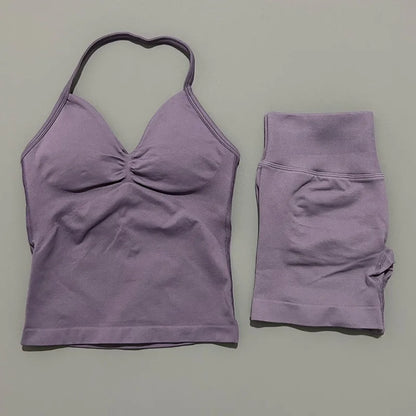 2Pcs HISTELLO Yoga Set Women Halter Tank Top Scrunch Butt Lifting Shorts Ruched Anti Chafe Quick Dry Gym Workout Sports Set