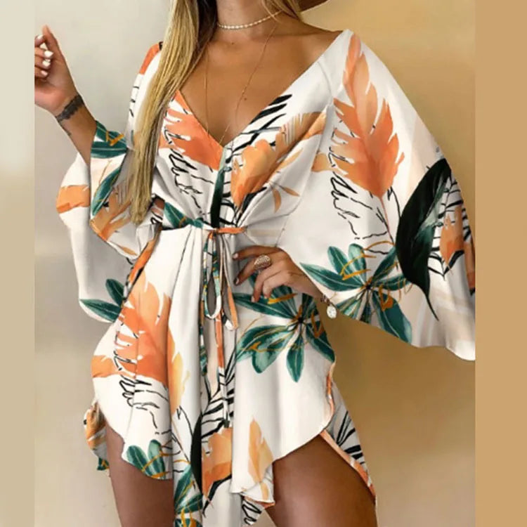 Women Print Dress - V-Neck Mini Sundress With Batwing Sleeve & Ruffle Detail