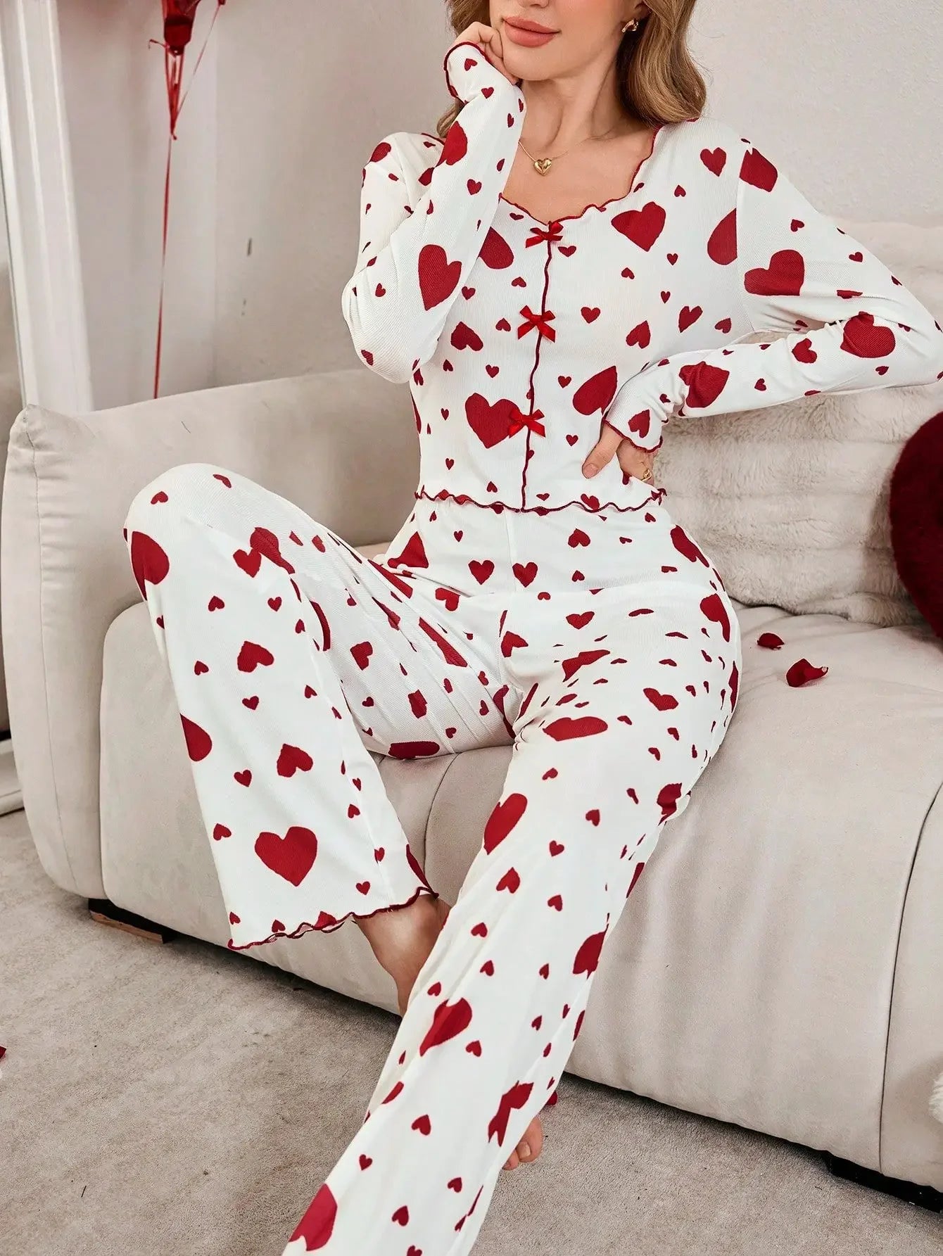 Pajamas 2 Piece Sets Women Sleepwear Loungewear Suit Top Pants Heart Print Bow Trousers Autumn Ensemble Nightwear Outfits