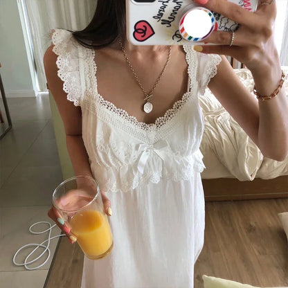 Summer Womens Princess Dress White Sleeveless Sleepshirts Vintage Lady Girls Nightgowns Nightdress Royal Style Pajamas Sleepwear