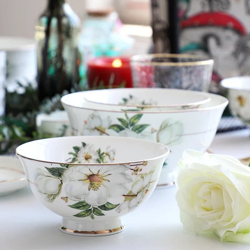 Bone China Dinnerware Set - Floral Ceramic Plates Bowls  Soup Pots