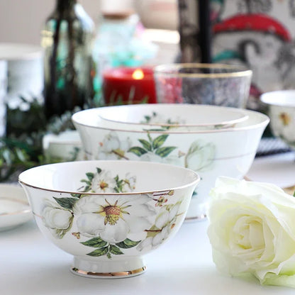 Bone China Dinnerware Set - Floral Ceramic Plates Bowls  Soup Pots