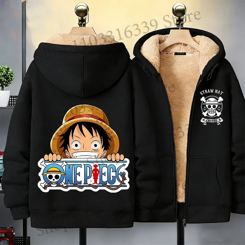 One Piece Man Thick Hooded Jacket Woman Winter Keep Warm Coat Anime Luffy Print Fleece Jacket Thermal Long Sleeve Hooded Clothes