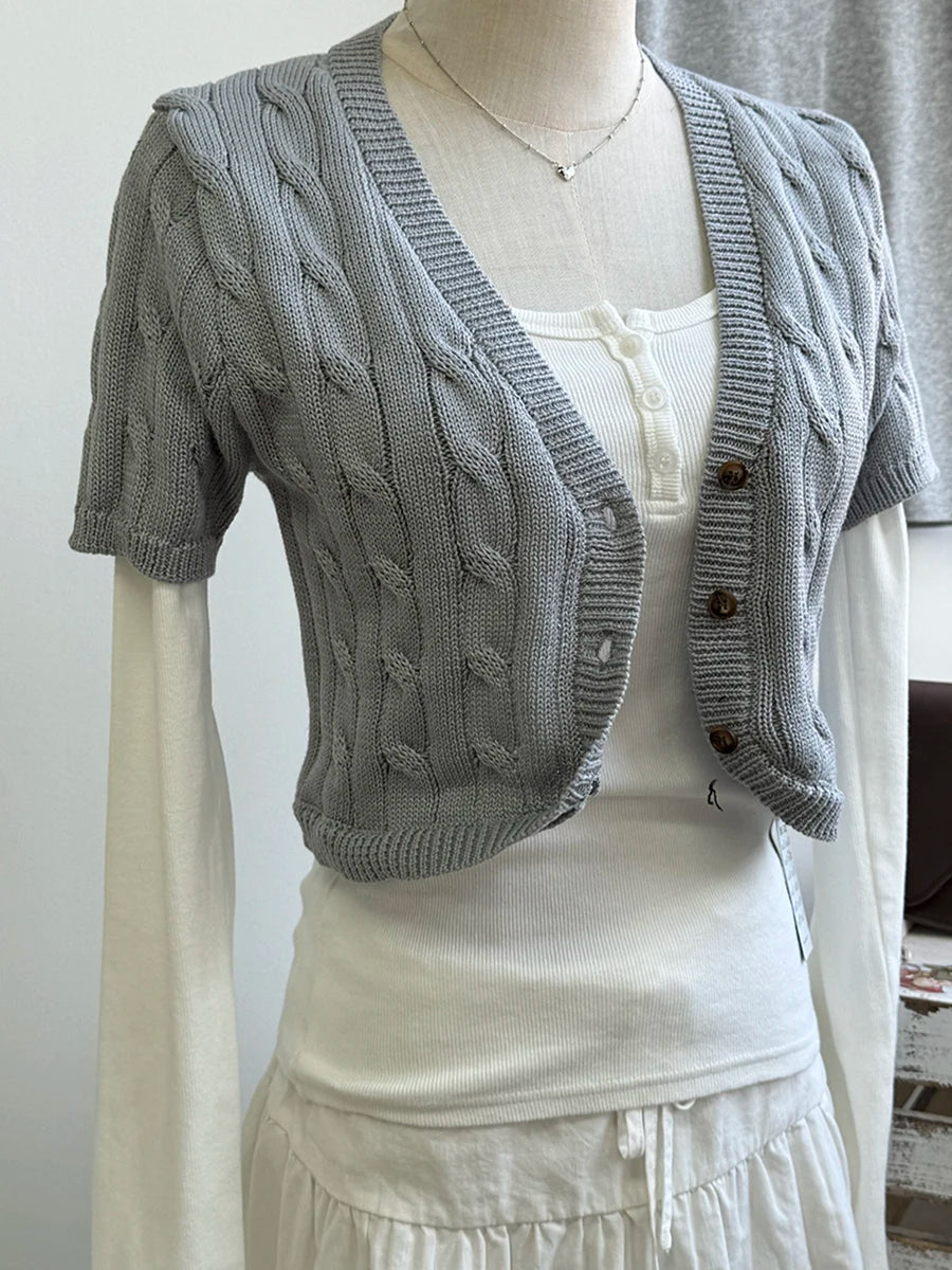 Solid Twist Flower Knitted Cropped Cardigan Woman V-neck Single Breasted Short Sleeve Crop Tops Autumn Sweet Cotton Knitwear New