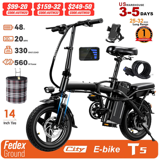 Adult Electric Bike,560W Motor,20MPH,48V Removable Battery,14inch Folding Electric Bike,Maximum 32 Miles,1Year Warranty Ebike