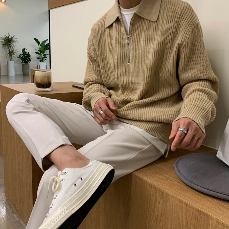 Winter Lapel Sweater Men Warm Fashion Casual Knit Pullover Men Korean Loose Zipper Long Sleeve Sweater Mens Jumper Clothes