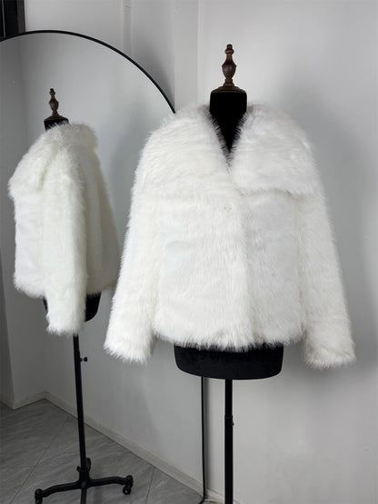 Faux Fur Women's Coat – Luxury Cropped Fluffy Jacket With Lapel Collar