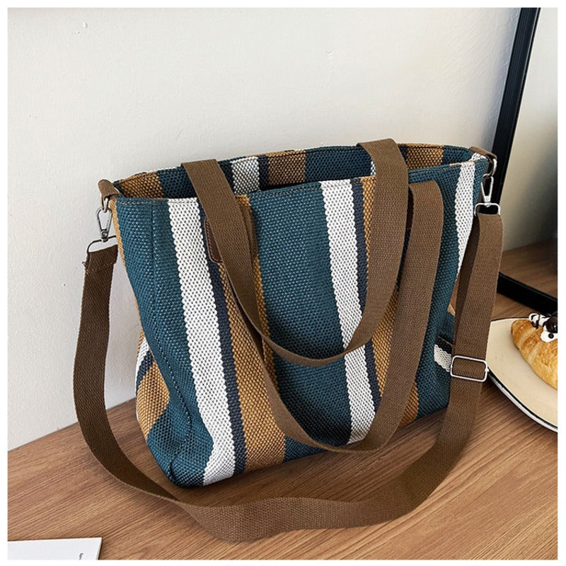 Striped Canvas Tote - Women's Crossbody Shoulder Bag With Zipper Closure, Versatile Daily Use