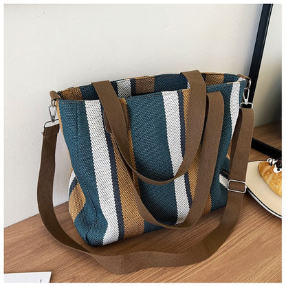 Striped Canvas Tote - Women's Crossbody Shoulder Bag With Zipper Closure, Versatile Daily Use