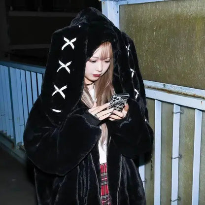 Vintage Punk Style Hoodie Long Sleeve Faux Fur Women Casual Zipper Hooded Gothic Y2K Subculture Harajuku Sweatshirts Autumn