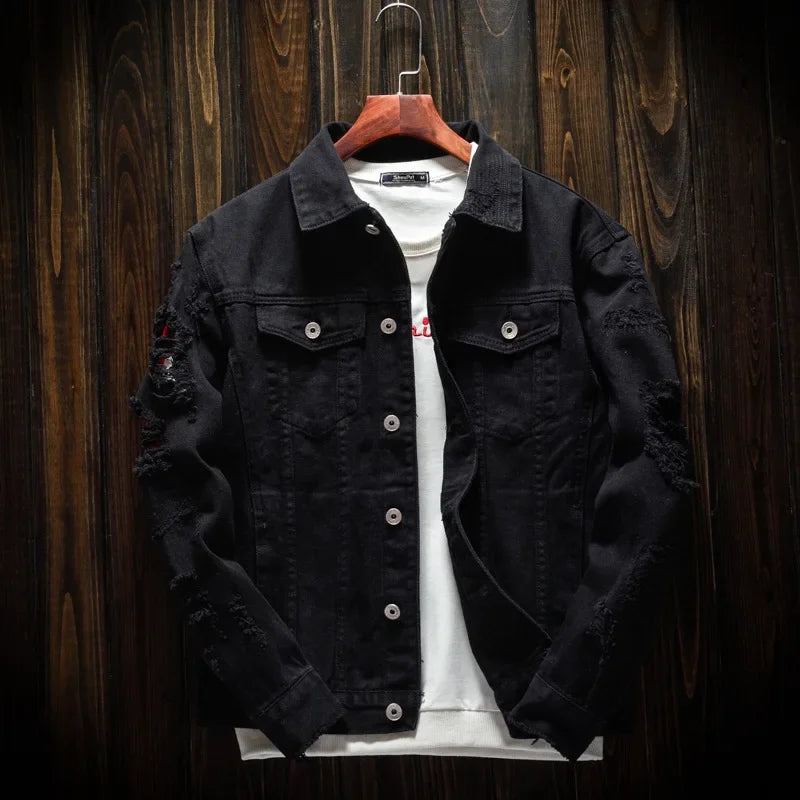 New Men's Jean Jacket Slim Fit Cotton Denim Jacket Red White Black Ripped Hole Jean Coats Men Outerwear Plus Size Streetwear