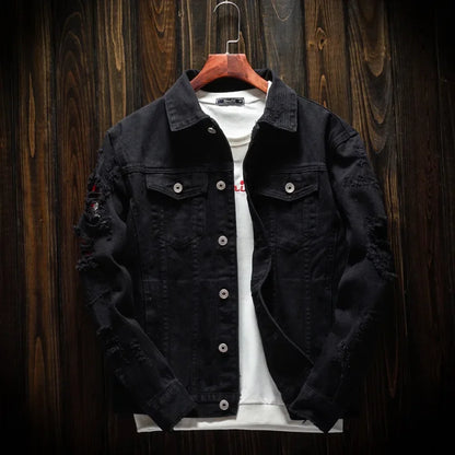 New Men's Jean Jacket Slim Fit Cotton Denim Jacket Red White Black Ripped Hole Jean Coats Men Outerwear Plus Size Streetwear