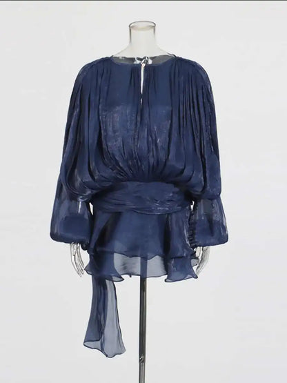 Mini Blouse Dress - Women's V Neck Long Sleeve Lace Up Sweet Style Above Knee