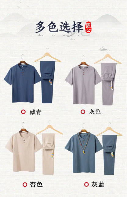Linen Cotton T-shirt Men's Set Chinese Style Short Sleeve Sportswear +trousers 2 Piece Sets Summer Men Tracksuit Solid Suit