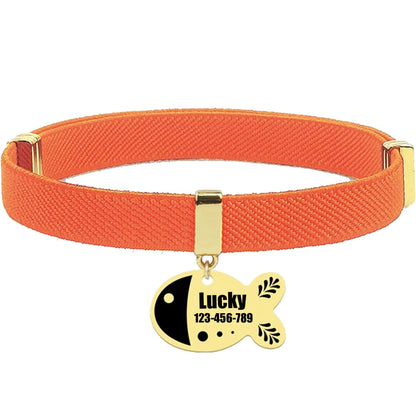Free Customized Cat Collar Cute Fish Metal Necklace Pet ID Name Tag Personalized GPS Tracker Kitten Dog Breakaway Elastic Collar