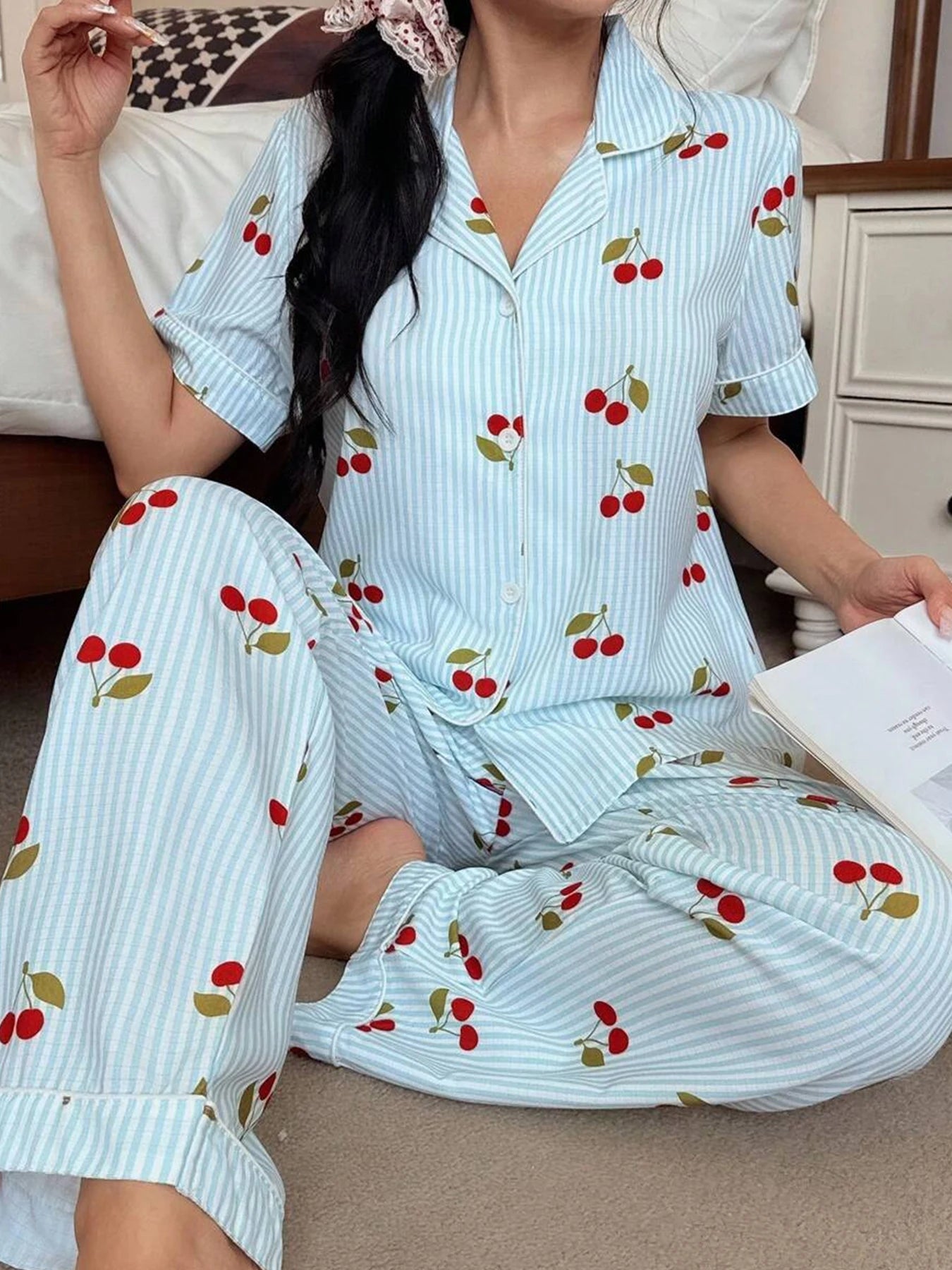 Spring Summer Autumn Winter Women's 2-piece Sweet Striped Cherry Patterned Flowered Shirt Short Sleeve Pants Homewear Sleeping S