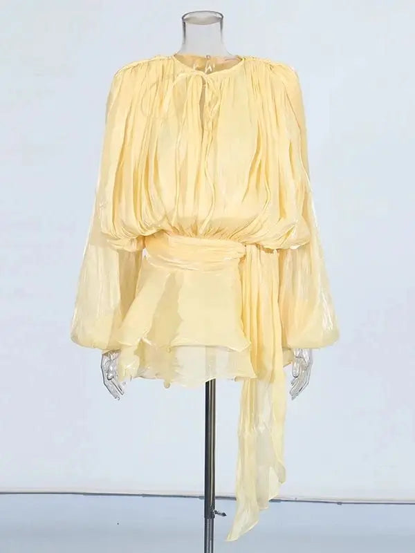 Mini Blouse Dress - Women's V Neck Long Sleeve Lace Up Sweet Style Above Knee