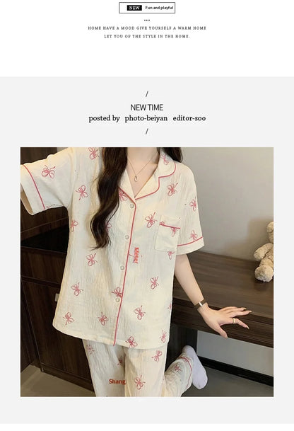 French-Style Sweet Bow Pajamas for Women: Summer Short-Sleeve Long-Pants Set with Cloud-Print, Soft and Cozy Cotton Loungewear